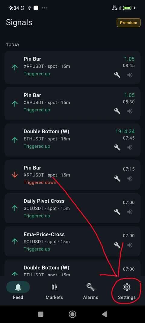 ChartRooster feed screen with an arrow pointing to the Settings tab in the bottom navigation bar