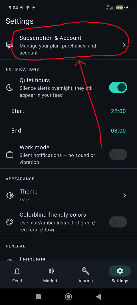 Settings screen with the Subscription & Account entry highlighted