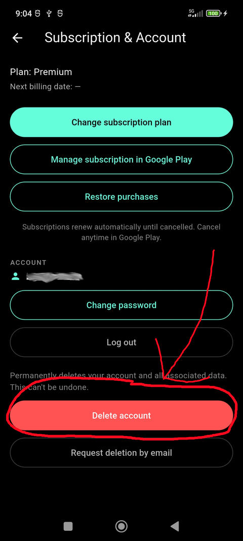 Subscription & Account screen with the red Delete account button highlighted